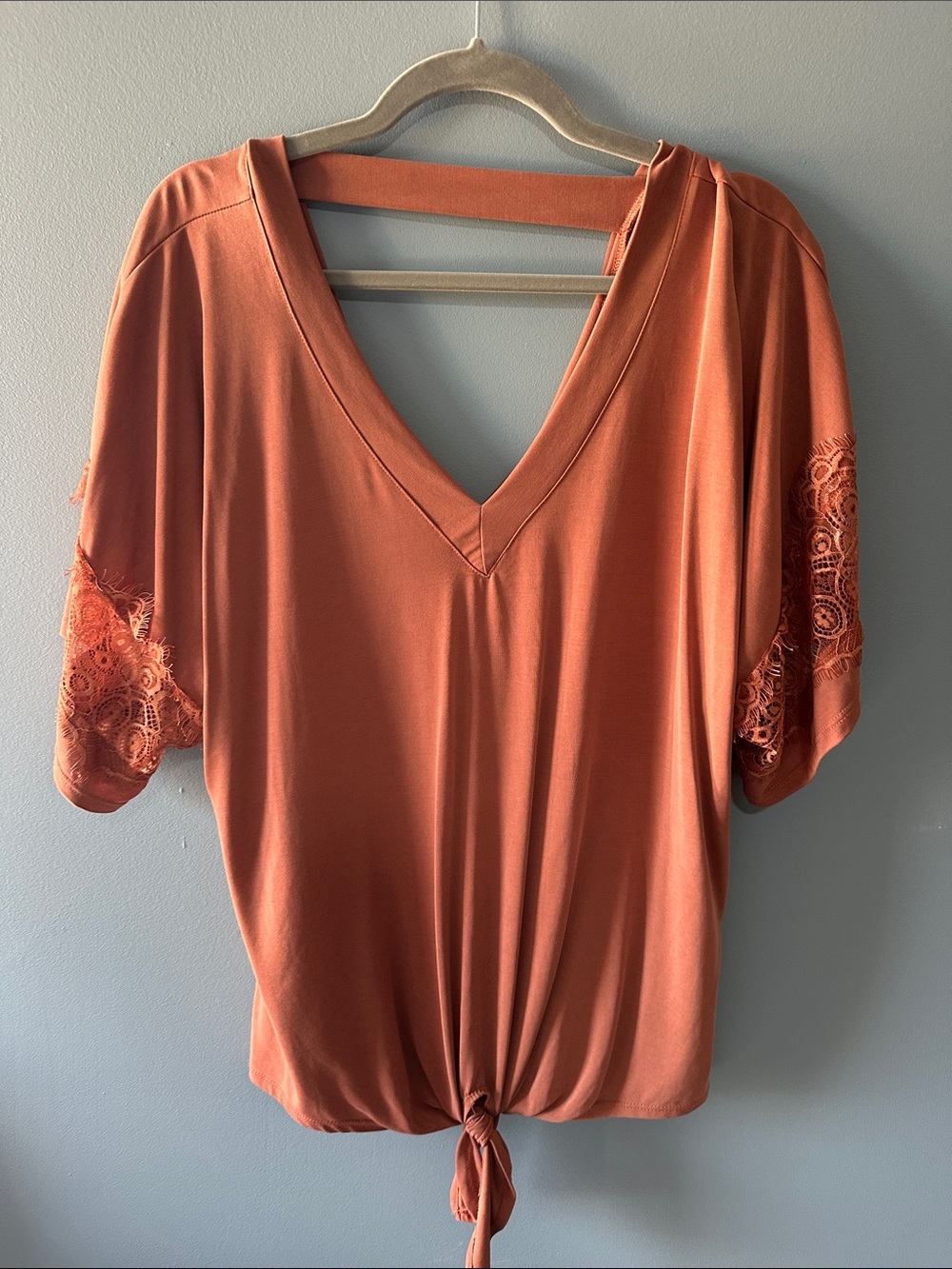 Daytrip Rust V-Neck Lace Sleeve Tie-Front Blouse